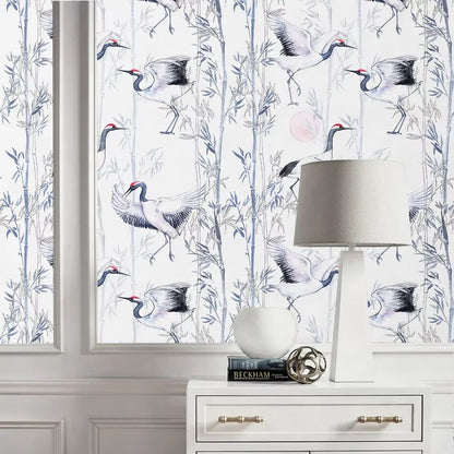 Papier peint grues noir et blanc et bambou deco mural