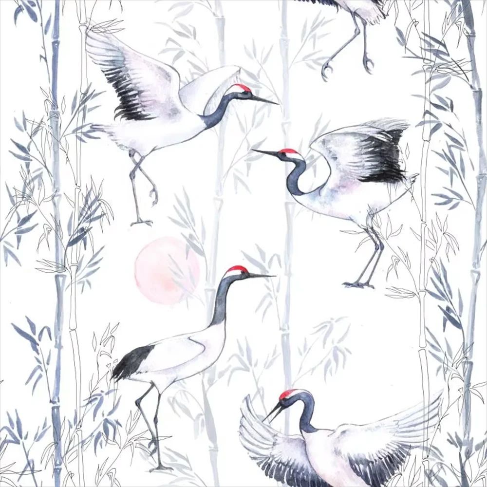 Papier peint grues noir et blanc et bambou