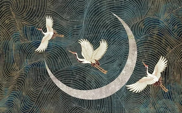 Papier peint japonais grues et lune sur fond bleu nuit motif