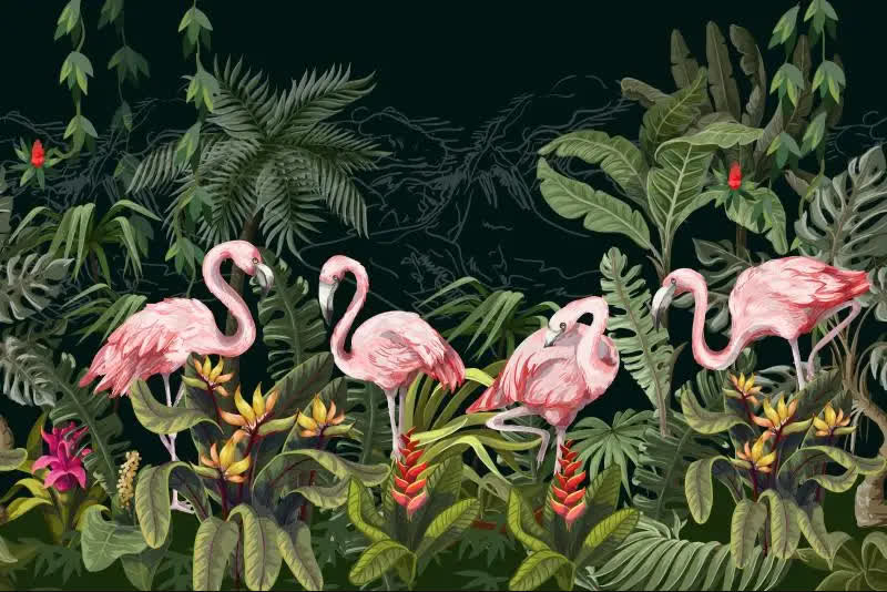 Papier peint jungle flamant rose motif