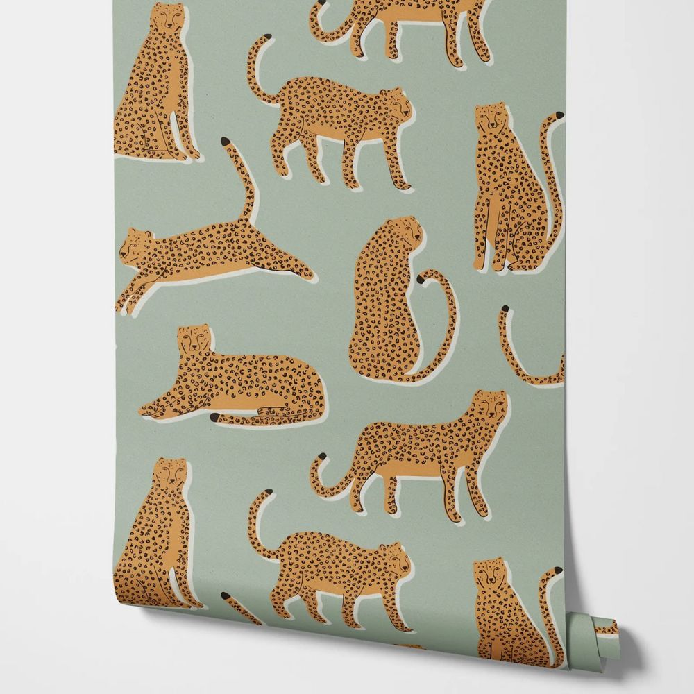 Papier peint léopard fond vert sauge motif