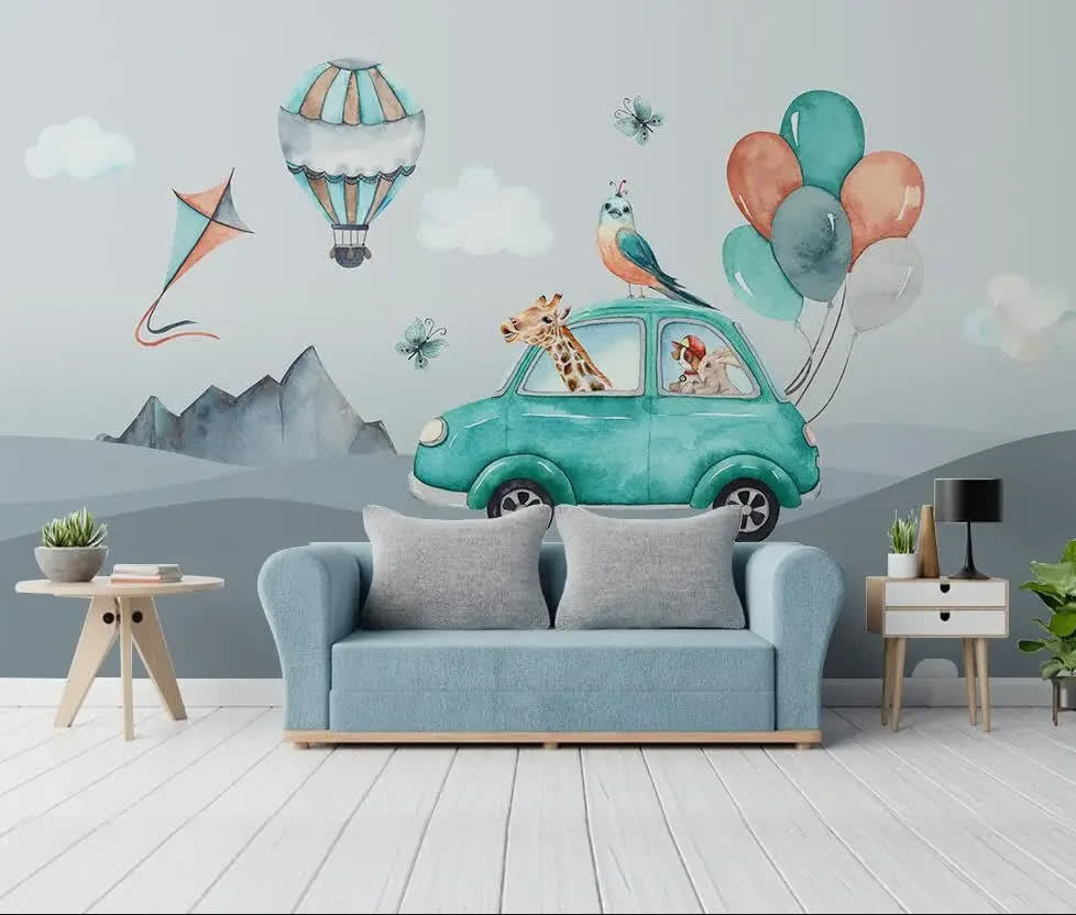 Papier peint montgolfiere rose gris