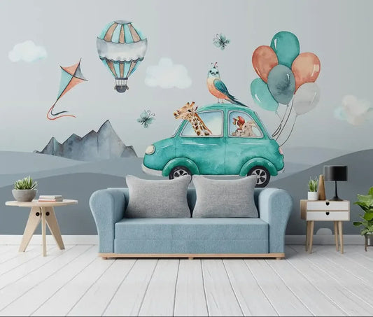 Papier peint montgolfiere rose gris