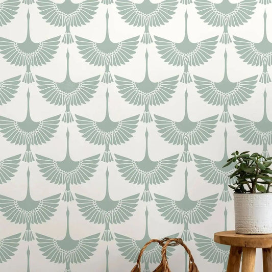 Papier peint motif grues vert sauge
