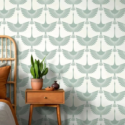 Papier peint motif grues vert sauge deco mural