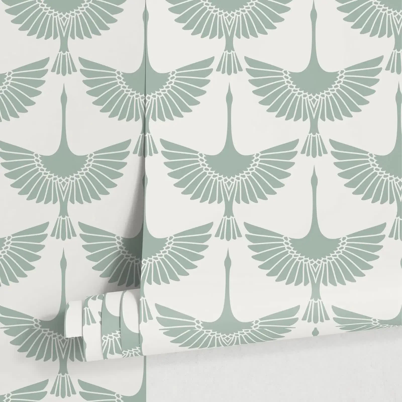 Papier peint motif grues vert sauge motif