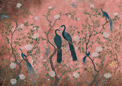 Papier peint paon fond rose motif