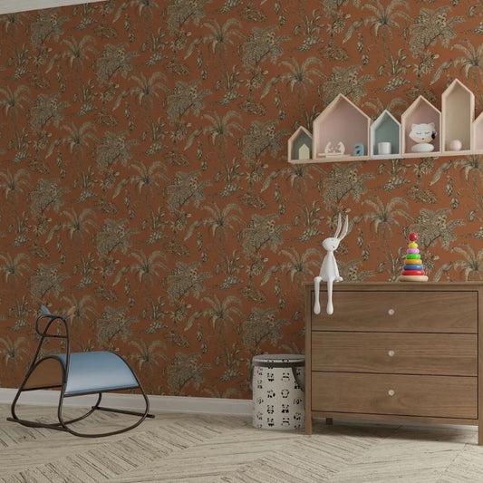 Papier peint paon terracotta