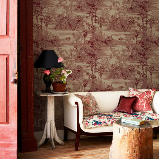 Papier peint toile de jouy bordeaux
