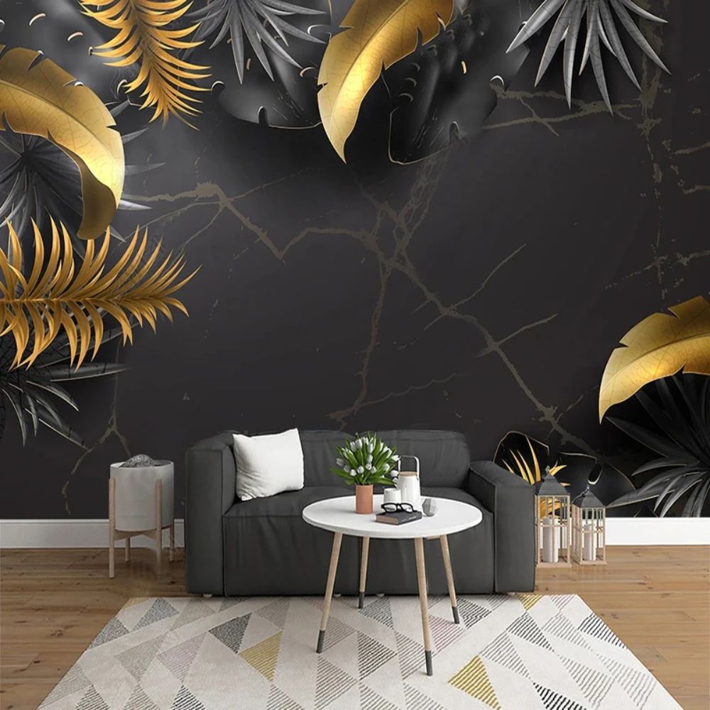 Papier peint tropical noir et or