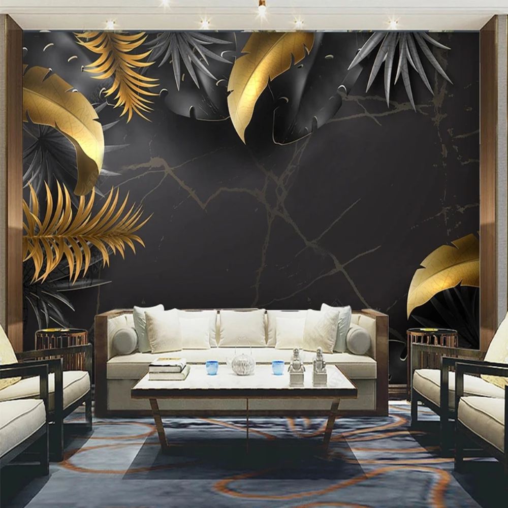 Papier peint tropical noir et or deco mural