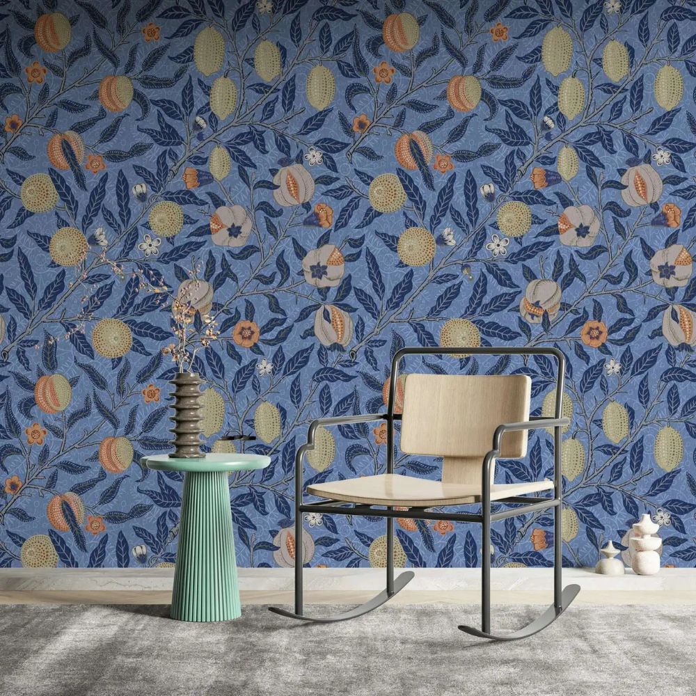 Papier peint william morris grenade fond bleu deco mural