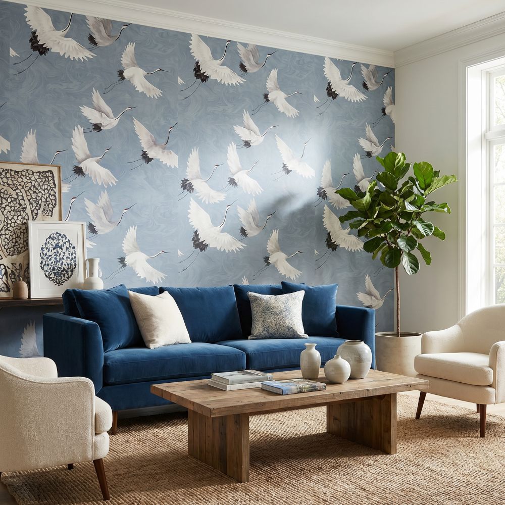 Papier peint envol des grues japonaises fond bleu