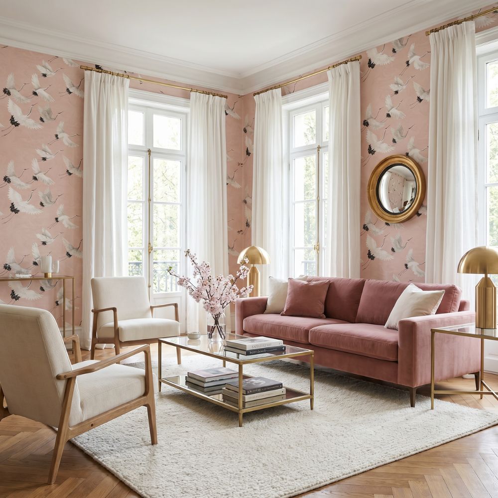 Papier peint grues japonaises fond rose