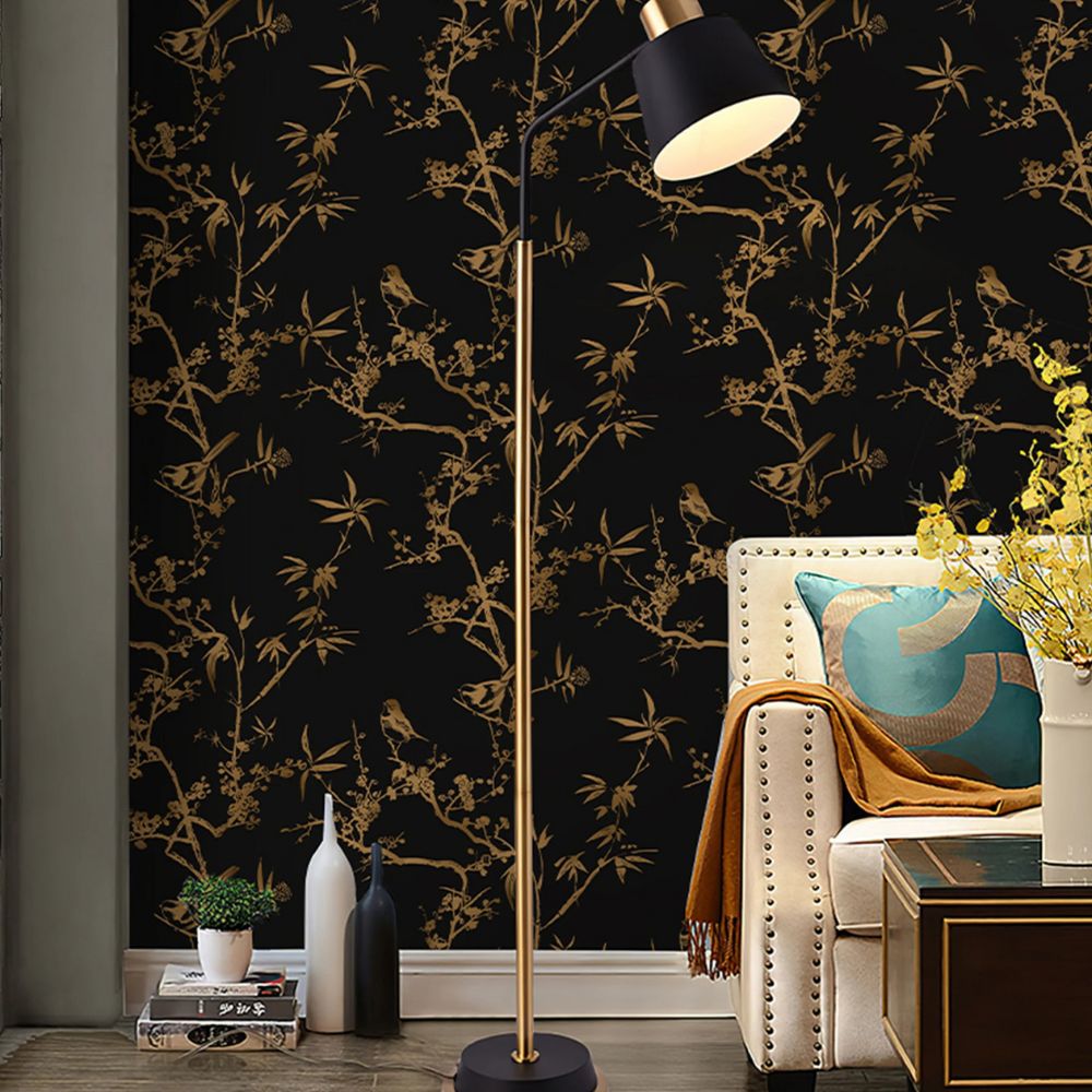 Papiers peint bambou et oiseau noir et or motif deco mural