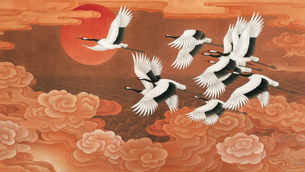 papier-peint-envol-des-grues-soleil-levant-motif