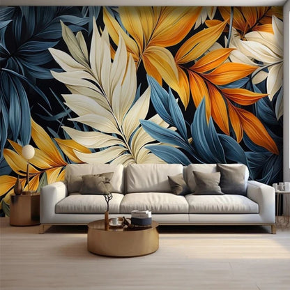 Papier peint feuillage bleu canard orange et beige