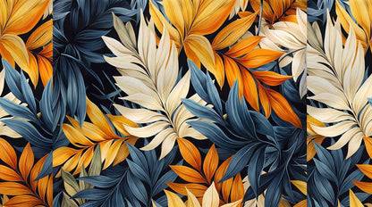 Papier peint feuillage bleu canard orange et beige
