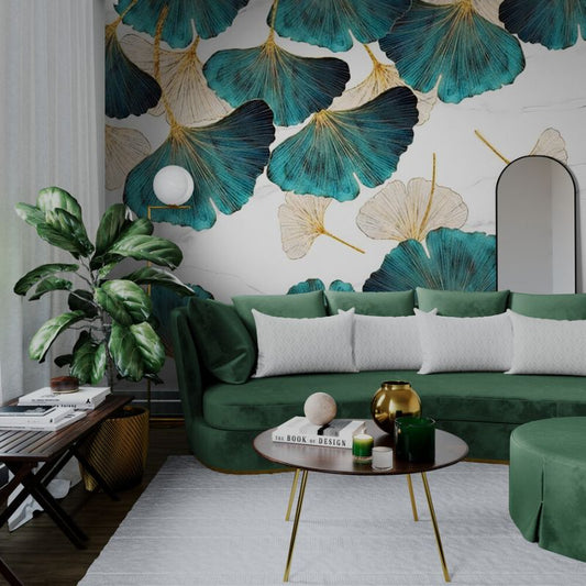Papier peint feuillage ginkgo bleu vert doré