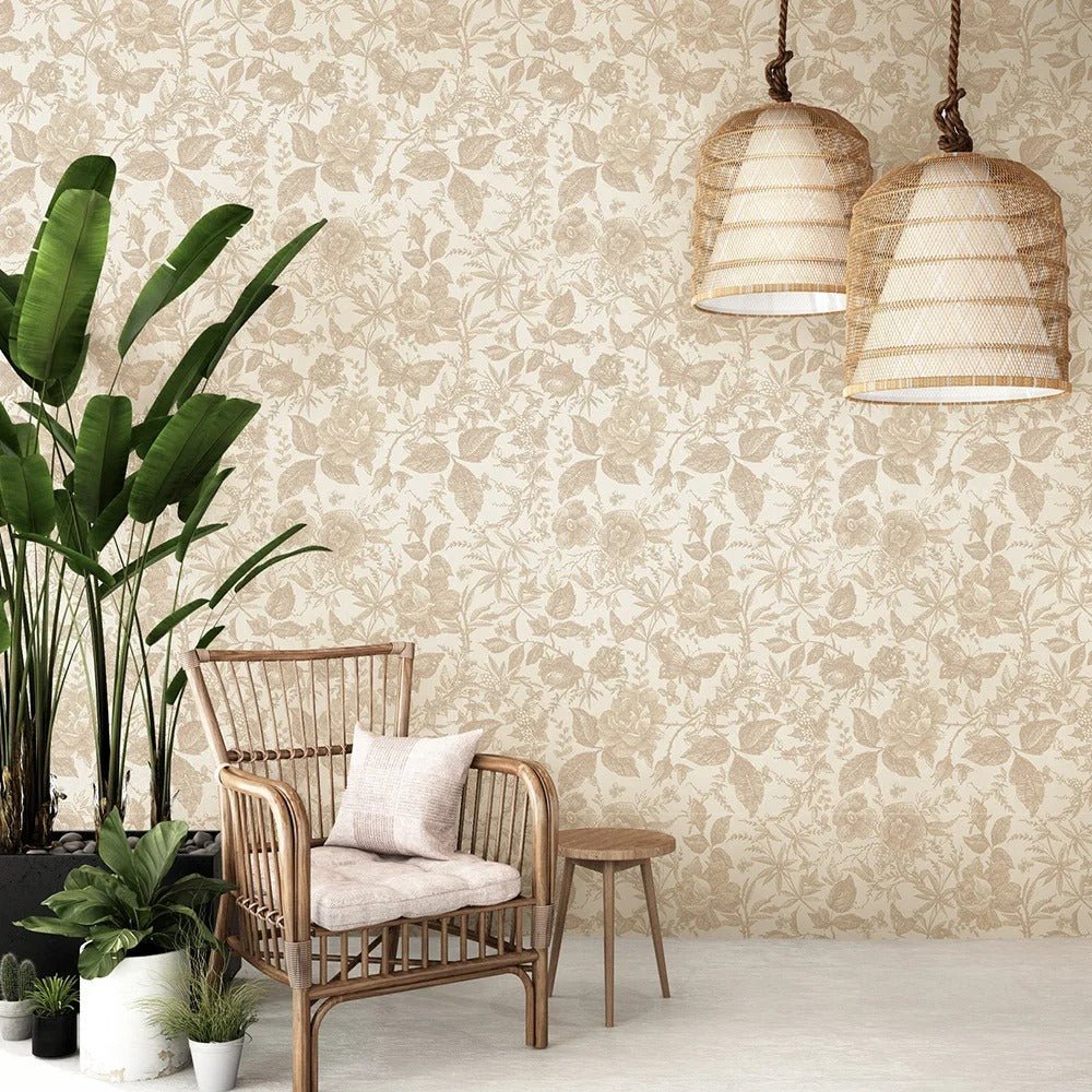 Papier peint fleuri beige tapisserie