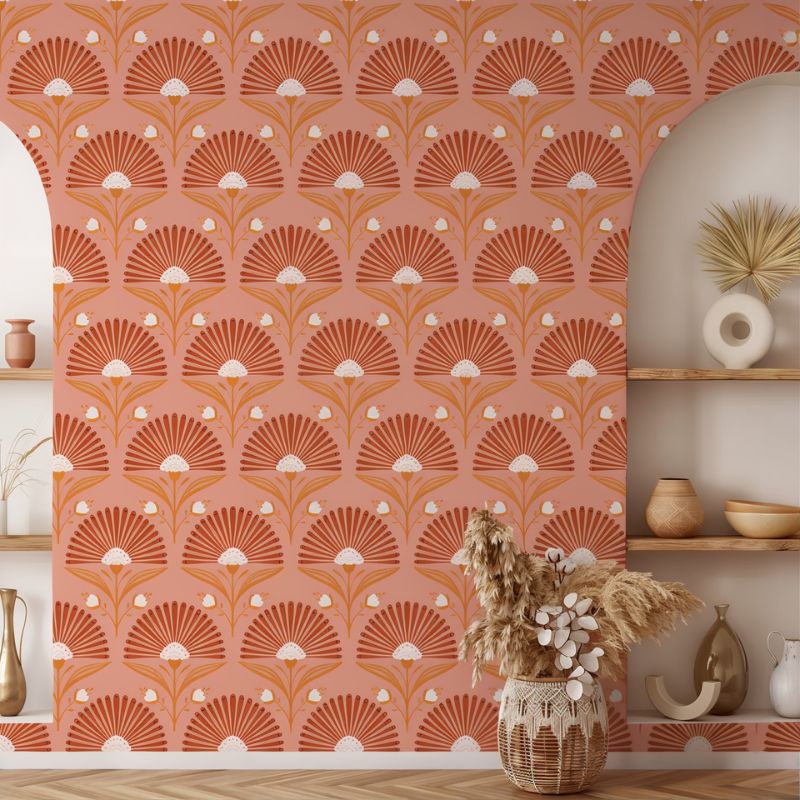 Papier peint fleuri terracotta deco