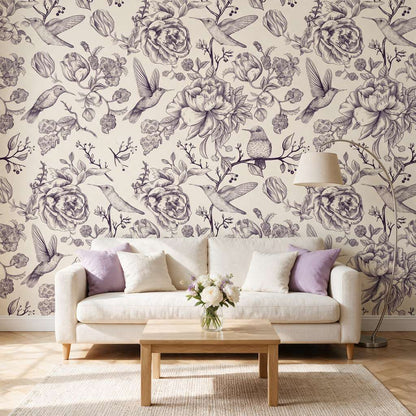 papier-peint-fleurs-et-colibri-vintage-noir-et-blanc-photo-ambiance