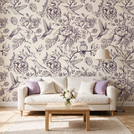 papier-peint-fleurs-et-colibri-vintage-noir-et-blanc-photo-ambiance