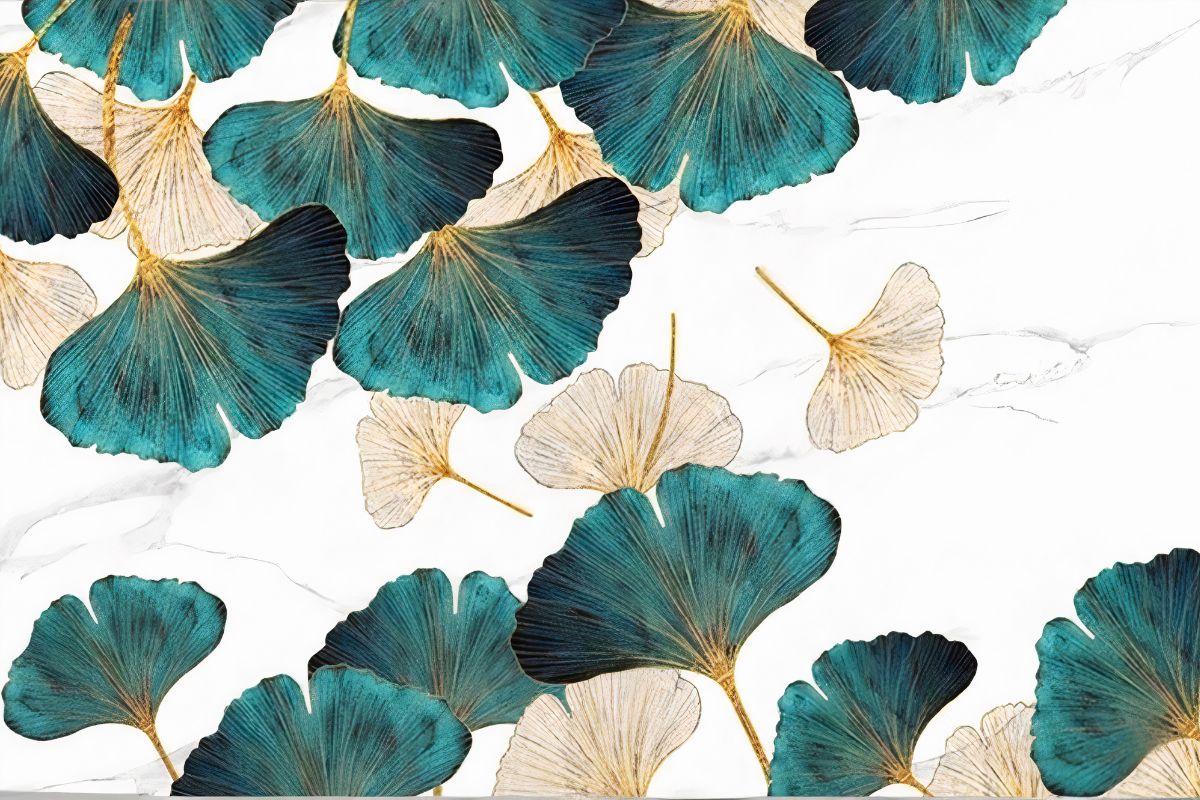 Papier peint feuillage ginkgo bleu vert doré
