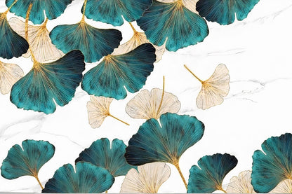 Papier peint feuillage ginkgo bleu vert doré
