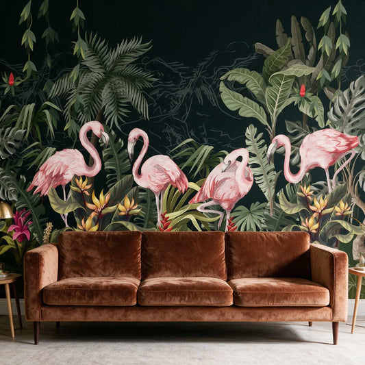 papier-peint-jungle-flamant-rose-photo-ambiance