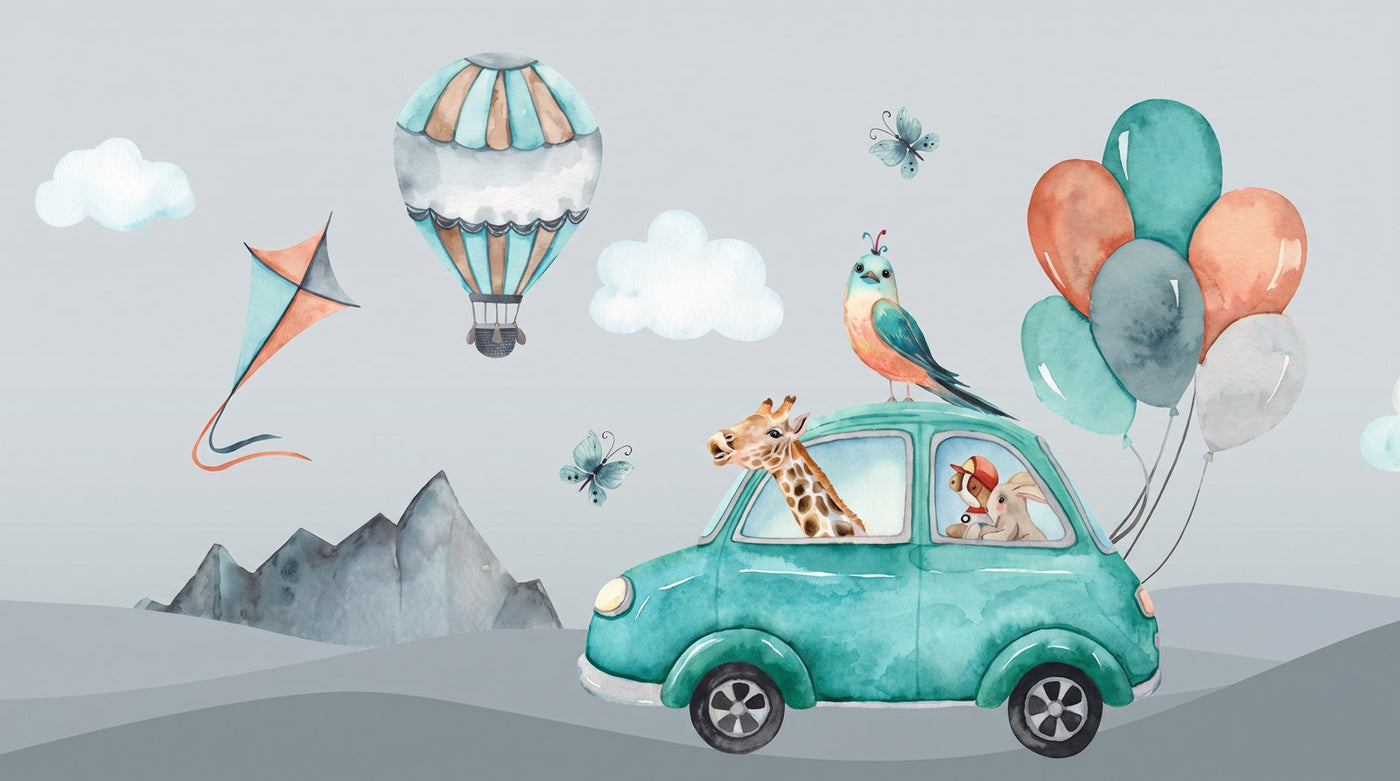 Papier peint montgolfiere rose gris