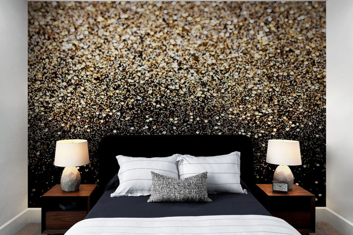 Papier peint paillettes points or fond noir