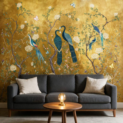 papier-peint-paon-fond-dore-photo-ambiance