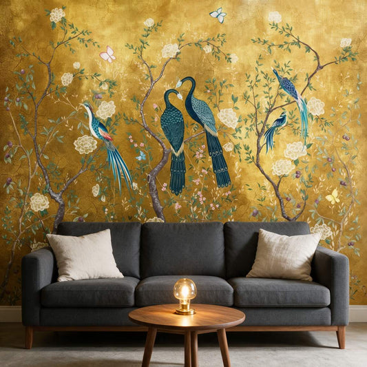 papier-peint-paon-fond-dore-photo-ambiance