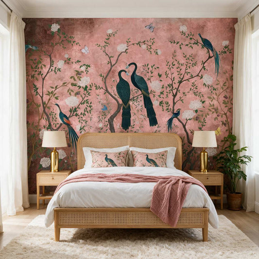 papier-peint-paon-fond-rose-photo-ambiance