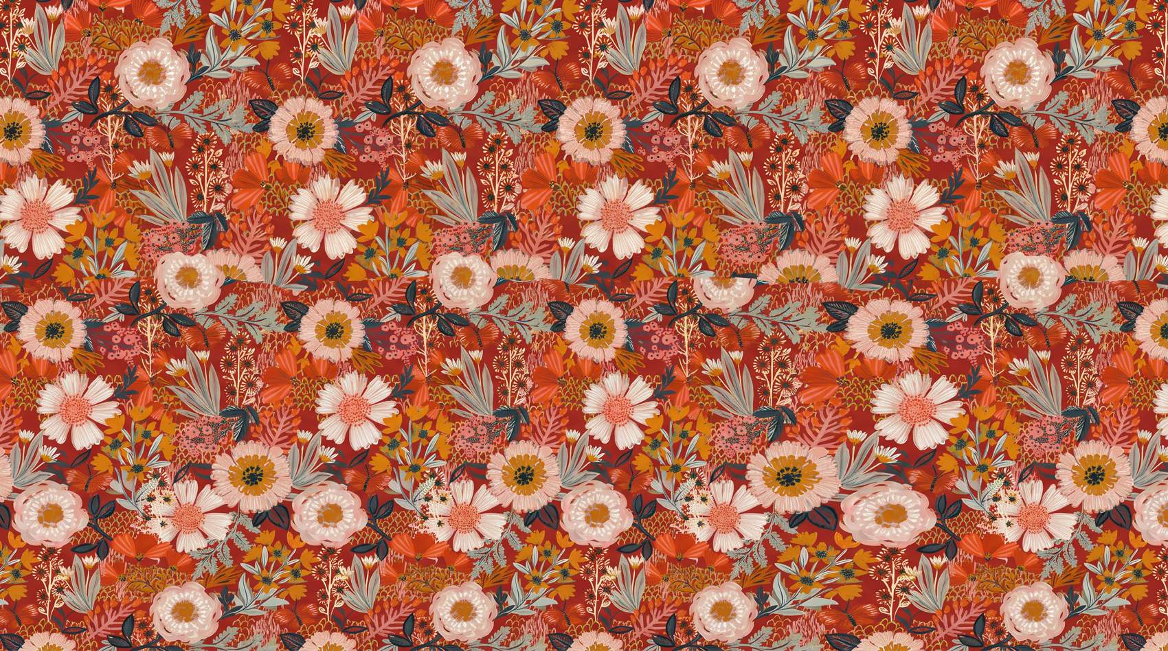 Papier peint vintage fleurs orange