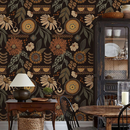 papier peint fleur marron vintage