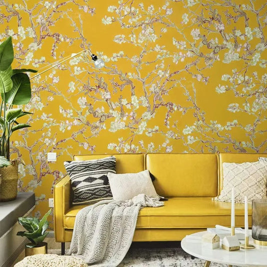 papier peint vintage jaune fleurs salon